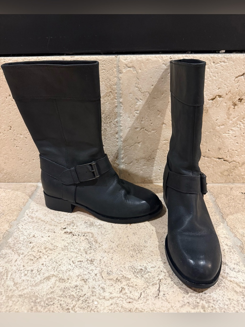 Cole Haan Nike Air Black Leather Moto Boots Harness Buckle Mid-Calf 7.5B